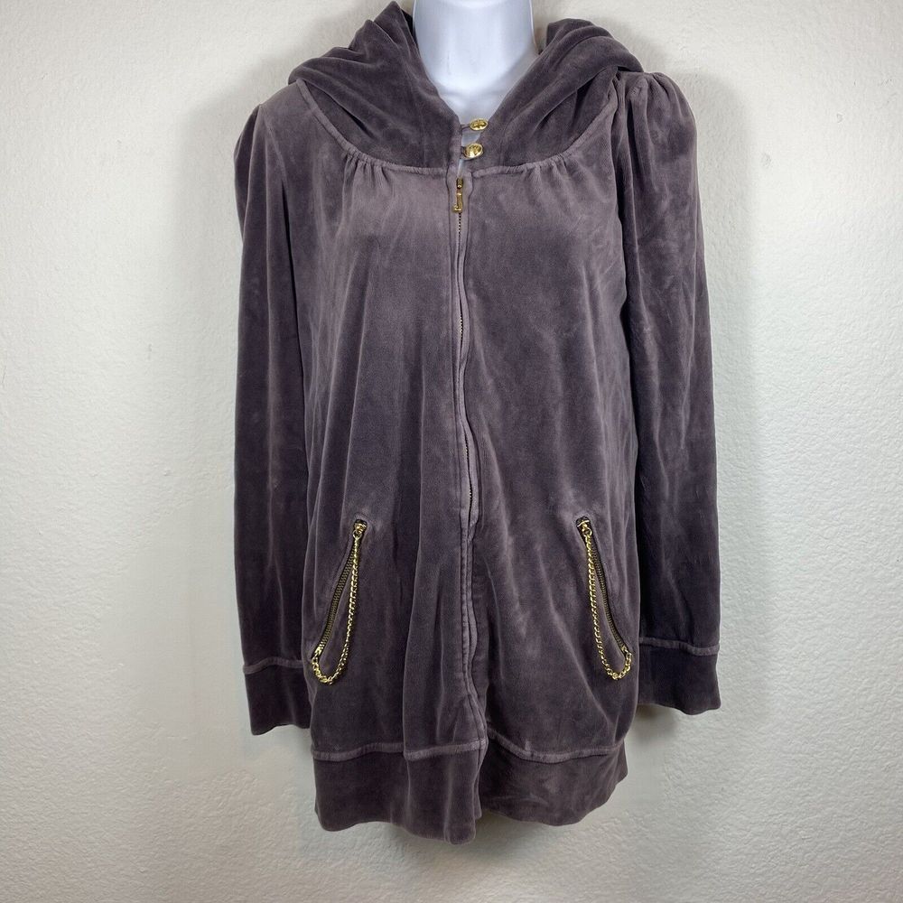 Juicy Couture Small Velour Jacket Hooded Brown Chain Puff Sleeve Zip Up Y2K 90s